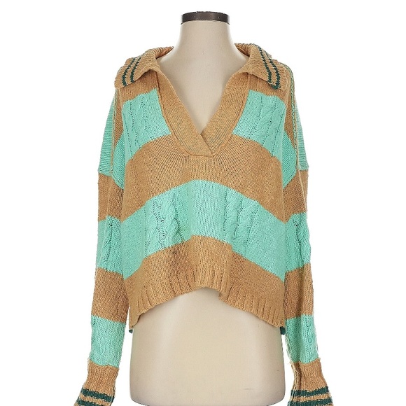 Free People Striped Oversized Knit Sweater Preppy Varsity Look in Teal and Tan - Picture 6 of 8